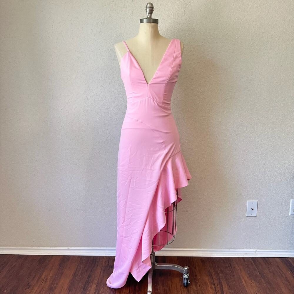 NBD Maxi Dress Bubblegum Pink Ruffled Asymmetric V-Neck Gown Formal